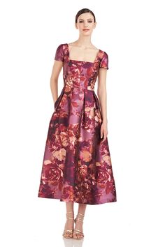 Floral Tea Length Dress, Kay Unger Dresses, Kay Unger, Printed Pleated Skirt, Midi Cocktail Dress, Tea Length Dresses, Pageant Dresses, Groom Dress, Tea Length