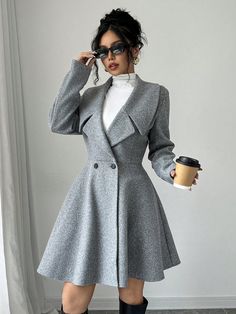 Women's Solid Color Stand Collar Long Sleeve Double-Breasted Elegant Wool Coat, Fall/Winter Grey Elegant  Long Sleeve Tweed Plain Regular Non-Stretch  Women Clothing, size features are:Bust: ,Length: ,Sleeve Length: Luxury Long Sleeve Wool Coat For Semi-formal Occasions, Palto Woman Winter Coats, Palto Woman, Elegant Semi-formal Wool Coat With Button Closure, Winter Wool Coat With Stand Collar, Single Breasted, Elegant Wool Coat With Double-breasted Button And Long Sleeve, Elegant Luxury A-line Wool Coat, Mid Length Coat, Cold Weather Outfit