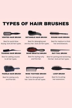 types of hair brushes Types Of Hair Brushes, Natural Hair Care Routine, Healthy Hair Routine, Curly Hair Care Routine, Round Hair Brush, Teased Hair, Hair Growing Tips, Detangling Hair Brush, Types Of Hair