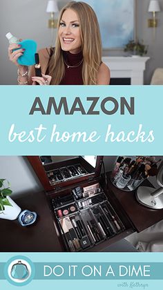 an advertisement for amazon's best home hacks, featuring a woman holding a hair dryer