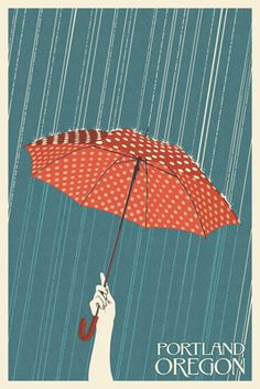 a person holding an umbrella in the rain with polka dots on it, against a blue background