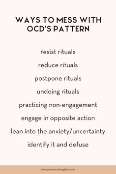 "You'll have OCD forever." Hands up if you've heard this. Or heard people say: - OCD is chronic. - OCD is lifelong.  - There is no cure for OCD. Want to know the real talk? While there is no "cure', you can put in the work to make your life so much better. And one day you might not even meet diagnostic criteria anymore for OCD.  But it happens via messing with OCD's patterns.  Let me know if this is something you struggle with.  And visit my website for more info and masterclasses! Symptoms For Ocd, Ocd Tips And Tricks, Ocd Therapy Activity, Be Your Own Therapist, How To Overcome Ocd, Ocd Thoughts, Put In The Work