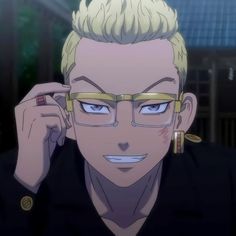 an anime man with glasses and blonde hair is looking at the camera while holding his hand up to his ear