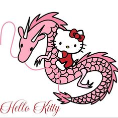 hello kitty is riding on the back of a pink dragon with a red bow in her hair