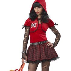 a woman in a red shirt and plaid skirt is holding an umbrella while wearing a bear costume