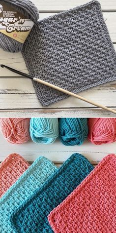 crocheted dishcloths with yarn and knitting needles