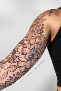 Shows an arm with fresh black linework tattoo of dahlias and dotwork mandalas. With black line details and shading. Mandala Inner Bicep Tattoo, Mandala Shading Tattoo, Dainty Filler Tattoo, Lace Tattoo Thigh, Floral And Geometric Tattoo Sleeve, Mandala Tattoo With Flowers, Mandala Flower Tattoos Forearm, Geometric Flower Tattoo Sleeve, Line Work Sleeve Tattoo