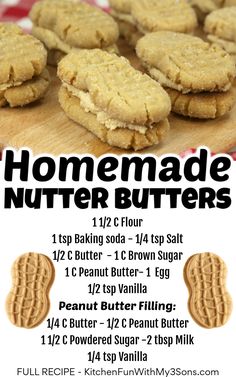 a recipe for homemade nutter butter cookies on a cutting board with text overlay