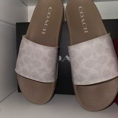 Cream And White, Comes With The Box, Never Worn. Sparkly Chanclas, Coach Slippers, Coach Slides, Fancy Sandals, Coach Sandals, Pretty Sneakers, Pretty Sandals, White Slides, Trendy Shoes Sneakers