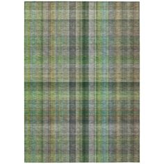 an area rug with green and grey plaid pattern