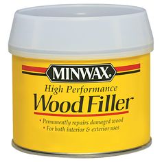 minwax high performance wood filler in yellow canister with white lid on white background