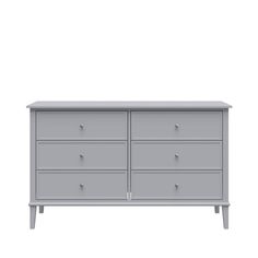 a gray dresser with four drawers and two doors