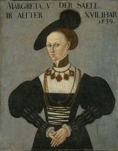 an old painting of a woman wearing a black dress and hat with her hands on her hips