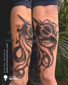 an octopus tattoo on the legs of a man with scissors in his mouth and tentacles around him