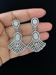 Length 5cm light weight ad earrings White Hand Set Earrings For Party, Glamorous Hand Set Drop Earrings, Elegant Chandbali Danglers, Dazzling Drop Earrings, Dazzling Hand Set Bridal Earrings, Hand Set White Cubic Zirconia Earrings, Dazzling Chandbali Earrings As Gift, Elegant Hand Set Hoop Earrings, Chandbali Cubic Zirconia Earrings As Gift