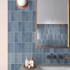 Blue Vertical Tile Bathroom, Blue Backsplash Bathroom, Tile Accent Wall Bathroom, Blue Tile Bathroom, Bathtub Tile Surround, Light Blue Tile, Tile Accent Wall