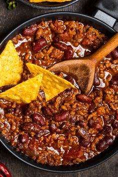 chili and tortilla chips in a skillet