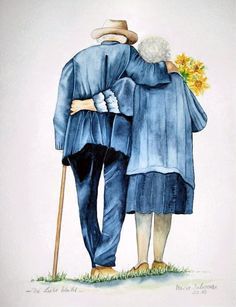 an old man with a cane and a flower in his lap is standing next to another older man