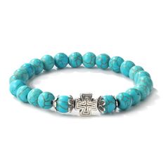 PRICES MAY VARY. 【Turquoise Gemstone Bracelet】: This bold and vibrant bohemian turquoise beaded bracelet with the chic crosses design gives you a look that is both elegant and mysterious, fully expressing your unique personal charm and making beaded bracelet the perfect day-to-night accessory. 【High Quality Material】: Made of high quality handmade turquoise,Each 8 mm bead in this pure and elegant bracelet is hand-selected and carefully polished for a perfect, comfortable experience. Please note Turquoise Bead Bracelet, Turquoise Boho, Beautiful Decoration, Hand Chain, Cross Charms, Ethnic Style, Bracelets For Women, Beaded Stretch Bracelet, Gift For Birthday