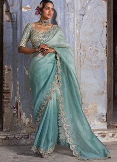 Jade Green Ombre Organza Saree Set Nitika Gujral - Fabilicious Fashion Ombre Saree, Organza Sari, Blue Sari, Zari Saree, Saree Blouses Online, Full Sleeve Blouse, Organza Blouse, Fancy Sarees Party Wear, Bridal Lehenga Red