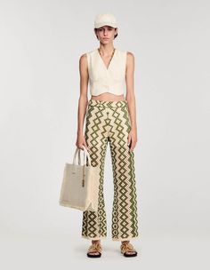 Henrik, Ecru / Olive Green, | sandro-paris.com Knit Trousers, Crochet Pants, Charlotte Chesnais, Summer Trousers, Sandro Paris, Blazer With Jeans, Tshirt Skirt, Pantalon Large, Knit Pants