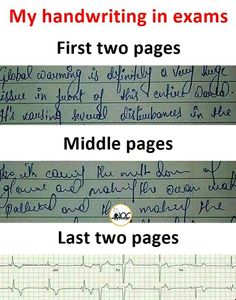 two handwritten notes with the words, my handwriting in exam and first two pages