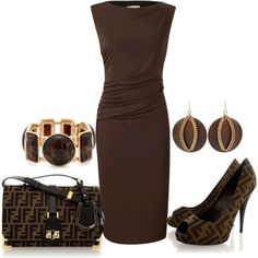 Sophisticated- I like the dress and style of the shoes.. Long Shift Dress, Dark Brown Dress, Moda Chic, Brown Dress, Chic Dress