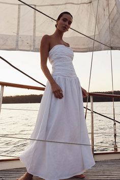 CATANIA WHITE LINEN STRAPLESS DRESS | Dissh Australian Formal Aesthetic, Yacht Day Outfit, Profession Photoshoot, White Summer Maxi Dress, Holiday Fits, Parisian Aesthetic, Club Fashion, Satin Maxi Skirt, Dress Vacation