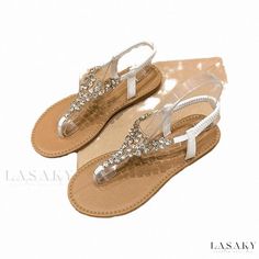 Lasaky - Elegant Flat Sandals with Rhinestone Embellishments and Toe-Strap Design Crystal Embellished Sandals, Spring Crystal Open Toe Sandals, Embellished Crystal Open Toe Sandals, Bedazzled Flat Sandals For Summer, Embellished Crystal Sandals, Elegant Adjustable T-strap Sandals For Party, Adjustable T-strap Sandals For Party, Adjustable Rhinestone Sandals For Party, Elegant Flat T-strap Sandals For Party