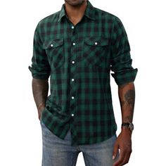 *Material: Mens Flannel Long Sleeve Shirts Are Made From High Quality Flannel, Providing You With Soft, Comfortable, And Warm Wearing Experience. There Are Two Large Button Pockets On The Chest Greatly Hold Your Phone Or Pen, Offering Alot Of Utility. *Classic Flannel Shirts: Regular Fit Button Down Shirt For Men Are Featured With Classic Buffalo Plaid Design, Which Can Match Various Styles. You Can Wear The Men Flannel Plaid Shirts Tucked Or Un-Tucked In, A T-Shirt Inside If Like, Or Just As A Green Flannel Button-up Shirt, Green Cotton Flannel Shirt With Button Closure, Black Collared Flannel Shirt With Buttons, Black Flannel Shirt With Button Closure, Black Collared Flannel Shirt, Green Flannel Shirt With Button Closure, Black Flannel Shirt With Pockets, Casual Green Flannel Shirt With Pockets, Green Casual Flannel Shirt With Pockets