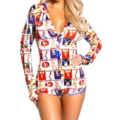 Grab Your Sweetie And Cuddle Under The Covers In This Cozy Playboy Exclusive Lounge Romper Featuring A Plunging V-Neckline, Snap Button Front Closures, An All Over Playboy Magazine Cover Print, Long Fitted Sleeves, And A Cheeky Cut Back. Brand New With Tags In Sealed Package. I Wear This Under Jeans As A Cute Top! Fitted Graphic Print Sleepwear For Loungewear, Printed Fitted Sleepwear For Sleepover, Fitted Printed Sleepwear For Sleepover, V-neck Printed Sleepwear For Loungewear, Fitted Printed Sleepwear For Bedtime, Fitted Printed Sleepwear, Fitted V-neck Sleepwear For Sleepover, Fitted Casual Onesie For Pajama Party, Multicolor V-neck Sleepwear For Loungewear