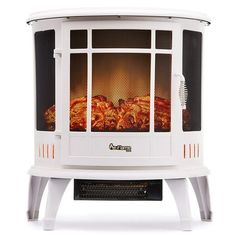 a white stove with pizzas in it on top of a stand that is standing upright