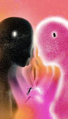 an image of a man and woman kissing in front of a pink background with black dots