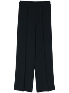 navy blue crepe texture elasticated waistband slip-on style pressed crease straight leg two side slit pockets Crepe Trousers, Yoko London, Versace Outfit, City Dress, Summer Beach Wear, Pants Straight, Ballet Flat Shoes, Ski Wear, Lady Dior