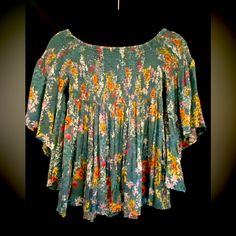 Nwot Beautiful Off The Shoulder Boho Blouse From Angie Size Small Green Bohemian Blouse For Spring, Spring Festival Rayon Blouse, Hippie Floral Print Blouse For Spring, Bohemian Green Top With Floral Print, Hippie Style Rayon Tops For Spring, Casual Rayon Tops For Festivals, Green Bohemian Peasant Top, Flowy Fit, Casual Summer Printed Peasant Top, Casual Printed Peasant Top For Summer