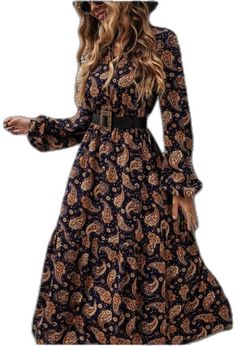 Patterned Paisley Print Midi Dress, Patterned Midi Dress With Paisley Print, Elegant Knee-length Paisley Midi Dress, Black Bohemian Midi Dress With Ruffles, Casual Long Sleeve Dresses With Paisley Print, Black Paisley Print Dress For Fall, Bohemian Paisley Print Midi Dress For Fall, Flowy Long Sleeve Dresses With Paisley Print, Black Paisley Print Dress For Spring