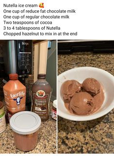 three pictures with different types of ice cream in them and one has two scoops of chocolate milk