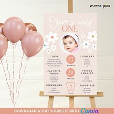 "Wild One Birthday Milestone Poster Template - Printable Wild Flower Baby First Birthday Milestone Board - Girl Neutral Colors Birthday Milestone Sign Capture your baby's first year memories with a wildflower themed birthday milestone poster! MATCHING ITEM Birthday Invite: https://www.etsy.com/listing/1580542134/wild-one-themed-birthday-invitation No physical product will be sent to you. THIS IS AN INSTANT DOWNLOAD EDITABLE TEMPLATE FOR SELF-PRINTING.  HOW IT WORKS ? After purchasing, you will automatically receive access to a PDF file with a link to the Canva template you purchased. Sign up for your FREE Canva account or log in to your existing account. Click on the link in the PDF file and customize your template. Personalise the template with your own text or photo!  Once you are happy Wildflower Themed Birthday, First Birthday Milestone Board, Baby Handprint Art, First Birthday Milestone