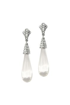 These silver and clear resin drop art deco earrings with crystal pavé cap are the perfect complement to any glamorous look.    2 1/4 Inches Long Elegant Clear Drop-shaped Jewelry, Elegant Clear Earrings For Evening, Elegant Clear Drop Jewelry, Formal Clear Dangle Earrings, Formal Clear Teardrop Earrings, Clear Dangle Earrings For Formal Occasions, Modern Clear Earrings For Formal Occasions, Formal Clear Drop Earrings, Luxury Clear Earrings For Formal Events