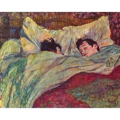 a painting of two people laying in bed under the covers, one with his head on the pillow