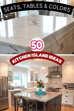 A split image presenting creative kitchen island ideas focused on styles and materials. The top image highlights a sleek white countertop with subtle veining, while the bottom showcases a more rustic island with wooden elements. The lower half also features stylish pendant lighting and decorative accents like flowers and trays, set in a bright, airy kitchen atmosphere with modern appliances. Kitchen Island Ideas Triangle, Kitchen Island Ideas Rounded Corners, Two Stool Kitchen Island, Kitchen Island With Seating For 2, Kitchen Island With Seating For 8, Kitchen Island With Drink Fridge, White Kitchen Island With Seating, Stove Top In Island Kitchen, Kitchen Island With Built In Table