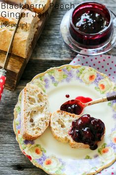 a plate with two pieces of bread and jam on it