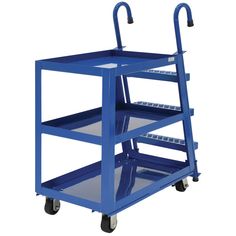 a blue trolley with three shelves on wheels