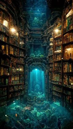 an underwater library filled with lots of books