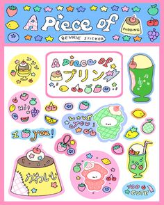 an assortment of stickers on a pink and blue background with the words'a piece of anime sticker '