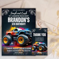 an image of a monster truck birthday party card with thank you notes and envelopes