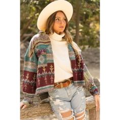 Introducing Our Functional Yet Fashionable Aztec Jacket! Made Out Of A Lightweight Soft Fabric That Will Keep You Warm During Those Fall/Winter Days. She's Featuring A Distressed Detailing Throughout, Collared Neckline, Patch Pockets With Flap, Button-Down Closure, And High-Low Hem. Fabric 90% Polyester 10% Cotton Our Boutique Is Filled With A Curated Collection Of Styles: Spell Gypsy Boho Bohemian Hippie Retro Vintage Handmade Coachella Festival Free People Anthropologie Johnny Was Urban Outfit Bohemian Tops With Pockets For Fall, Fall Festival Outerwear With Boho Collar, Long Sleeve Outerwear With Boho Collar For Fall, Fall Outerwear With Boho Collar And Long Sleeves, Boho Collar Long Sleeve Outerwear For Fall, Fall Boho Collar Long Sleeve Outerwear, Casual Fall Festival Cardigan, Multicolor Boho Collar Top For Fall, Trendy Long Sleeve Festival Outerwear