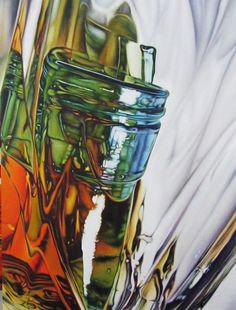 an oil painting of a glass jar with liquid inside