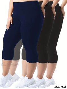 Olivia Mark - Premium Three-Piece Plus Size Capri Leggings Set for Women, featuring Solid Tummy Control, High Rise, and High Stretch Properties Leggings Set, Capri Leggings, Set For Women, Olivia Mark, Women's Leggings, Capri, Dark Blue, High Rise