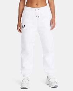 Women's UA Icon Fleece Joggers | Under Armour Cozy Activewear With Ribbed Waistband For Sports, Sporty Sweats With Comfort Waistband In Fleece, Comfortable White Sports Sweats, Cozy Fleece Sweats For Sports, Sporty Cotton Pants By Under Armour, White Sweats With Ribbed Waistband For Sports, Sporty Streetwear Bottoms By Under Armour, White Sweatpants For Sports In Fall, Sporty White Sweatpants For Fall